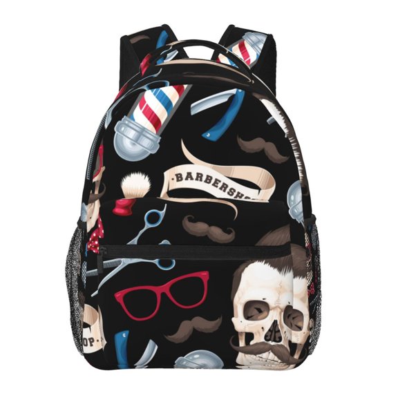 Skull Barber Shop Color Scissors Backpack Casual College Bag Zipper Laptop Daypack Hiking Rucksack Travel