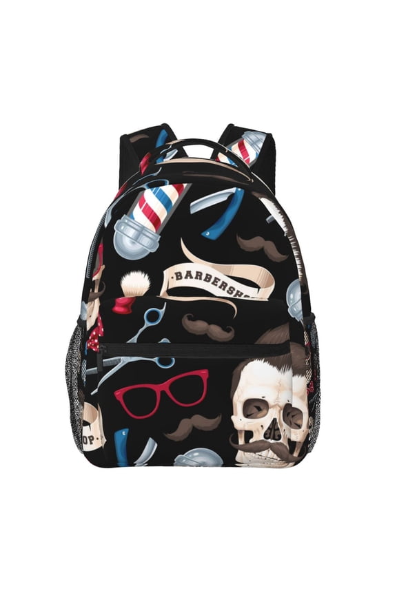 Skull Barber Shop Color Scissors Backpack Casual College Bag Zipper Laptop Daypack Hiking Rucksack Travel