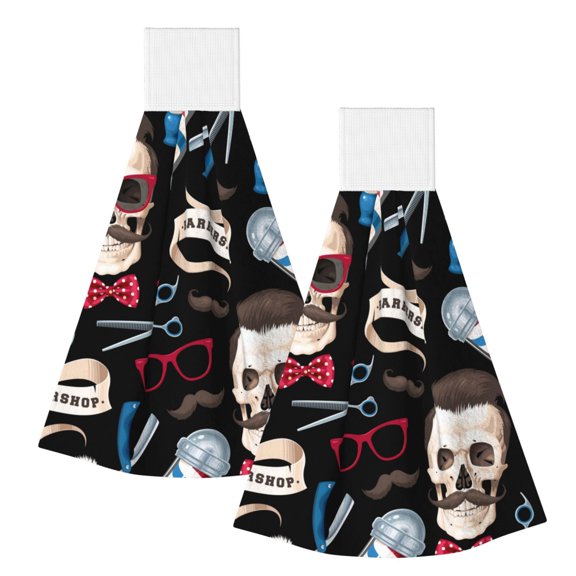 Skull Barber Shop Color Scissors Hanging Coral Fleece Hand Towel 2PCS , Super Absorbent Kitchen Towel Quick-Dry Dish Cloth