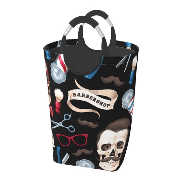 Skull Barber Shop Color Scissors Laundry Bag with Handle - Foldable Dirty Clothes Hamper Collapsible Storage Bin