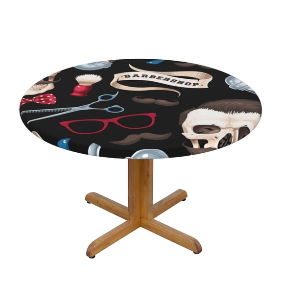 Skull Barber Shop Color Scissors Round Fitted Tablecloth Elastic Edged Table Cloth Waterproof Table Cover 54in