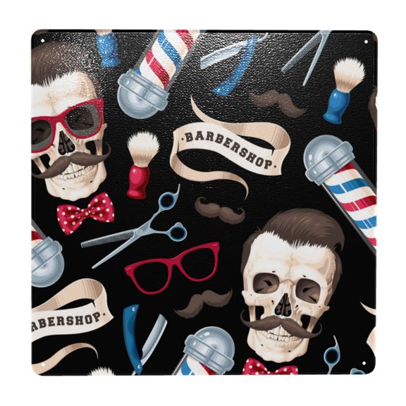 Skull Barber Shop Color Scissors Square Metal Sign 12x12 Inch Tin Sign Wall Decor Decorative Plaque for Bar, Cafe, Restaurant