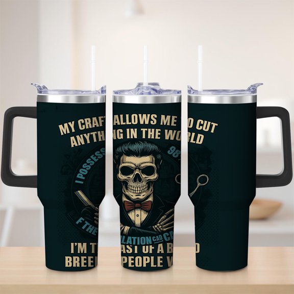 Skull Barber Vintage Stainless Steel Insulated Mug with Lid and Handle, 30oz