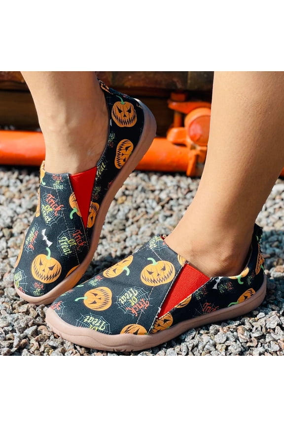 Skull Bat Print Fall Sneakers, Elastic Side Low Top Footwear, Women Halloween Skull Bat Print Slip On Canvas Shoes Elastic Side Low Top Fall Casual Walking Sneakers, Earthy Yellow 5.5