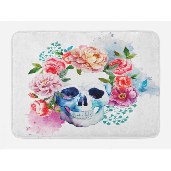 Skull Bath Mat, Funny Skull with Colorful Floral Head Victorian Style Dead Skeleton Graphic Art Print, Non-Slip Plush Mat Bathroom Kitchen Laundry Room Decor, 29.5 X 17.5 Inches, Multicolor, Ambesonne