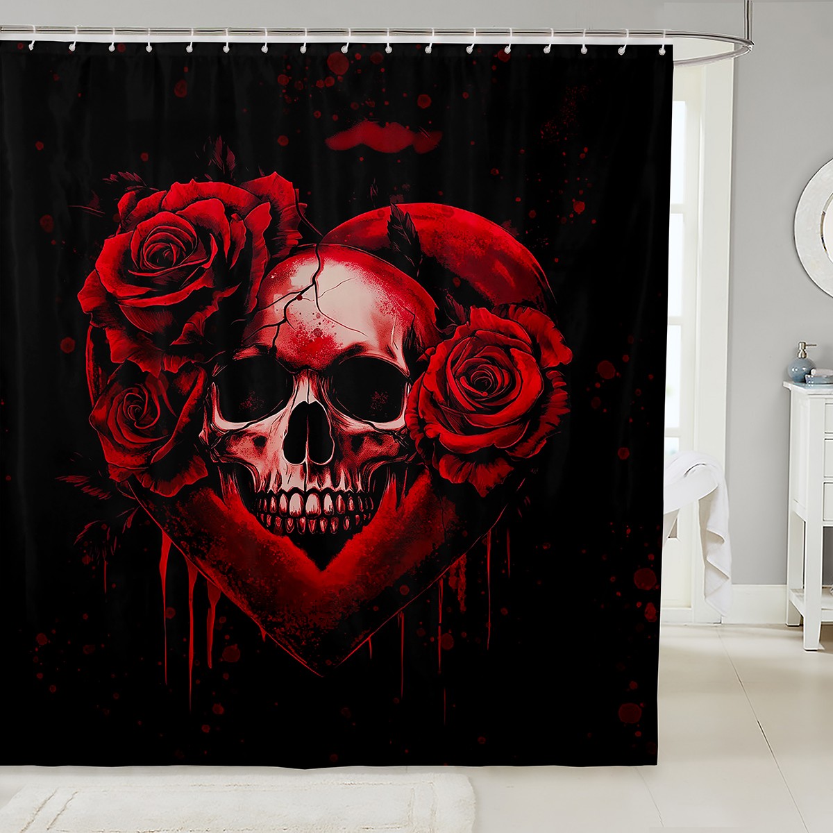 Skull Bathroom Curtain Adults,Love Heart Roses 72"Wx72"L Shower Curtain ...