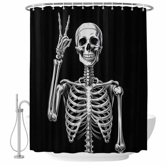 Skull Bathroom Shower Curtains with Hooks, Vintage Abstract Rock and Roll Skeleton Hand Peace Gesture Waterproof Fabric Washable Shower Curtain for Home Hotel Bathtub Decor 36x72 Inch