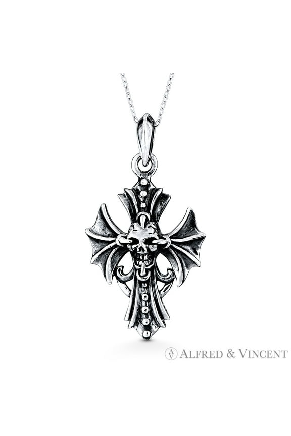 Skull & Batwing Gothic Biker's Cross 38x0.8mm (1.5x0.8in) Pendant & Chain Necklace in Oxidized .925 Sterling Silver