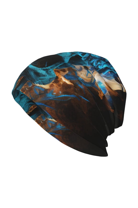 Skull Beanie Cap Slouchy Knit Hat Headwear Warm for Men Women , Blue Flame Fire Skull Burning