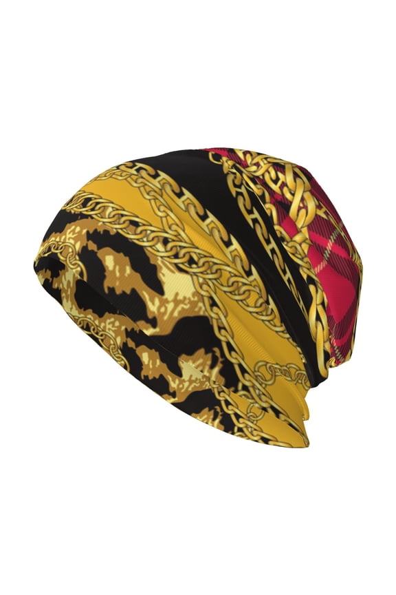 Skull Beanie Cap Slouchy Knit Hat Headwear Warm for Men Women , Gold Chains Leopard Snake Skin Scottish Tartan