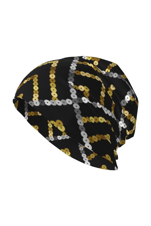 Skull Beanie Cap Slouchy Knit Hat Headwear Warm for Men Women , Golden Sequin Glitter Geometric