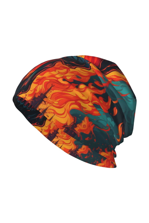 Skull Beanie Cap Slouchy Knit Hat Headwear Warm for Men Women , Gothic Skull On Fire Flaming