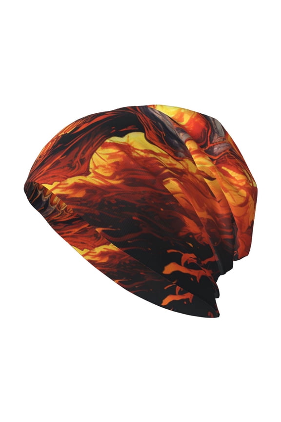 Skull Beanie Cap Slouchy Knit Hat Headwear Warm for Men Women , Gothic Skull On Fire Vintage Art