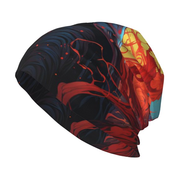 Skull Beanie Cap Slouchy Knit Hat Headwear Warm for Men Women , Grim Reaper Psychedelic Dark Red