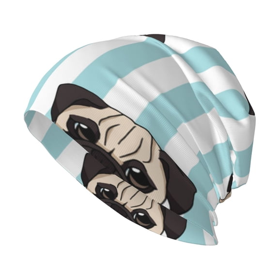 Skull Beanie Cap Slouchy Knit Hat Headwear Warm for Men Women , Pug Heads Cute Dogs Striped