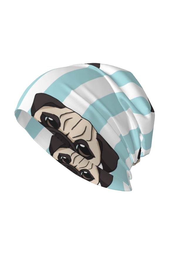 Skull Beanie Cap Slouchy Knit Hat Headwear Warm for Men Women , Pug Heads Cute Dogs Striped