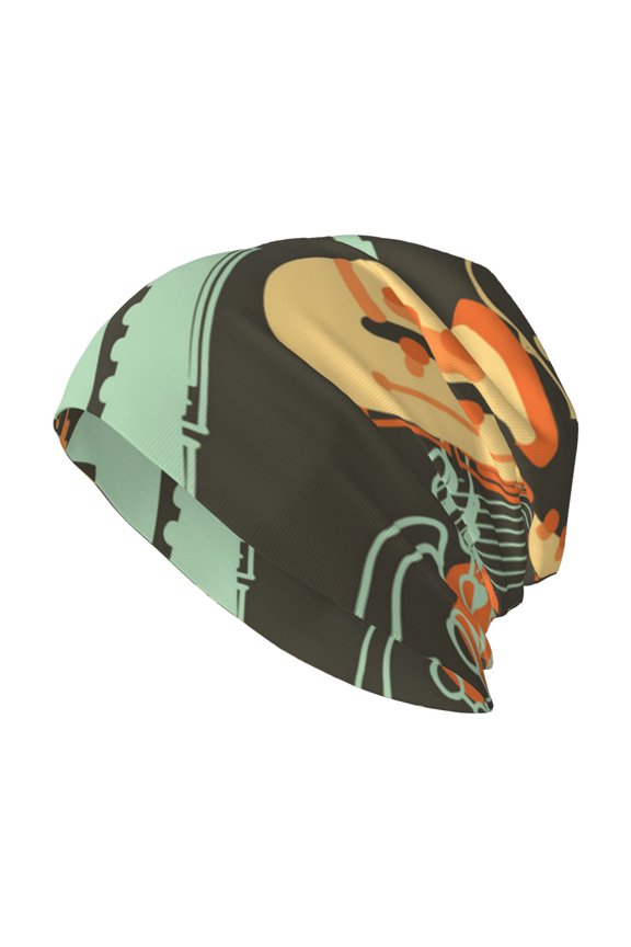 Skull Beanie Cap Slouchy Knit Hat Headwear Warm for Men Women , Sax Musical Party Art Retro