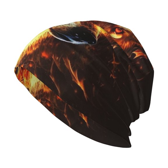 Skull Beanie Cap Slouchy Knit Hat Headwear Warm for Men Women , Wolf On Fire Burning Cool Flaming