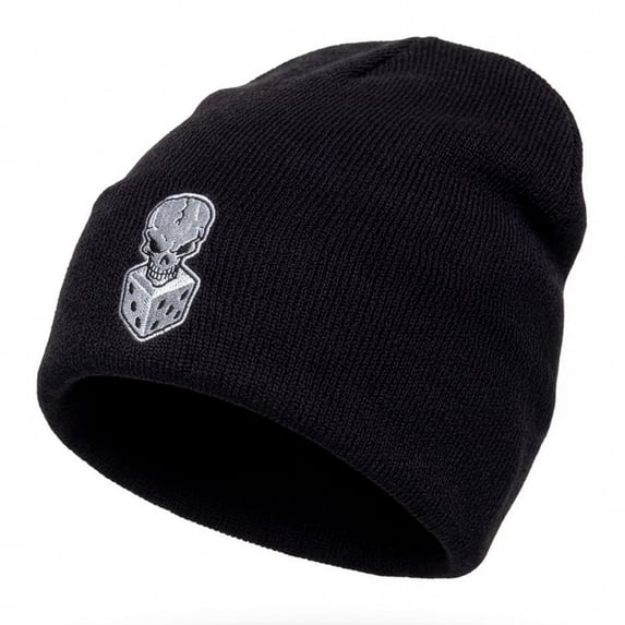 Skull Beanie Short Knit Cuffless Winter Hat with Embroidered Skulls Design for Men and Women, Black 8 Dice