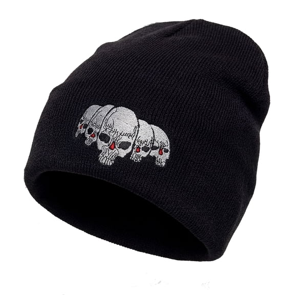 Skull Beanie Short Knit Cuffless Winter Hat with Embroidered Skulls Design for Men and Women, Black Skulls