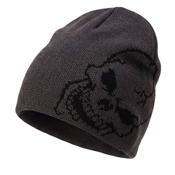 Skull Beanie Short Knit Cuffless Winter Hat with Embroidered Skulls Design for Men and Women, Grey Skull