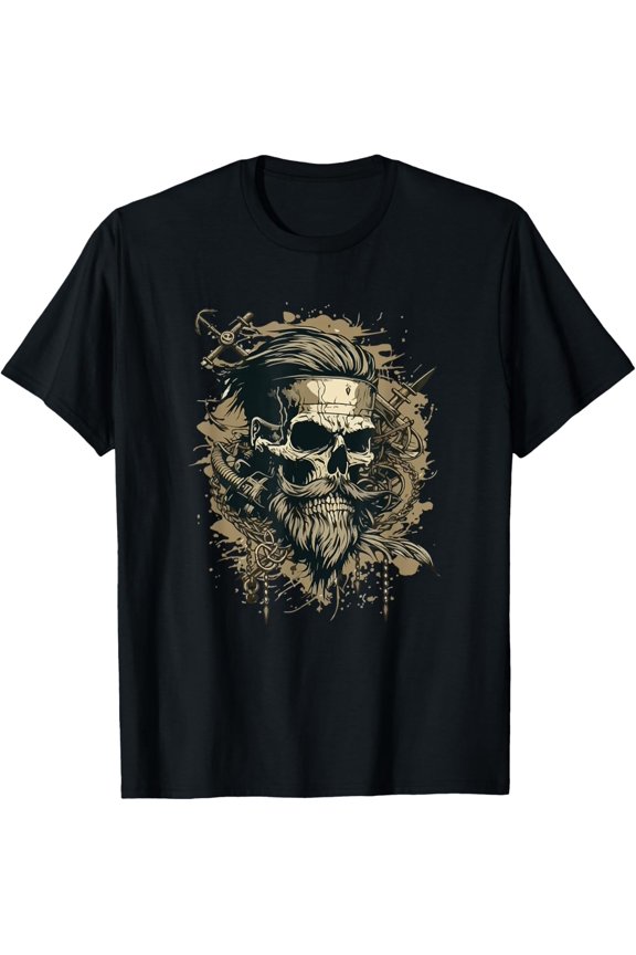Skull Beard Undercut Pirate Vintage Captain Skeleton Biker T-Shirt