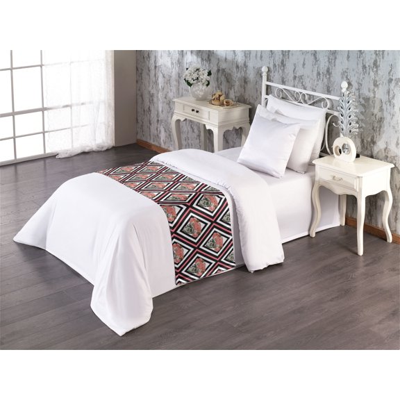 Skull Bed Runner, Gothic Skeleton Heads Floral Ornaments Geometric Diamond Check Zigzags, Decorative Accent Bedding Scarf for Hotels Homes & Guest Rooms, Twin, Coral Dark Sepia Black, by Ambesonne