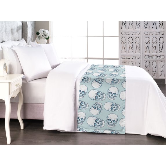 Skull Bed Runner, Sketchy Icy Skeleton Heads Modern Look Pastel Pattern on Soft Background, Decorative Accent Bedding Scarf for Hotels Homes & Guest Rooms, King, White and Sky Blue, by Ambesonne