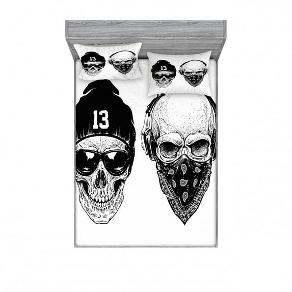 Ambesonne Black White Fitted Sheet & Pillow Sham Set, Funny Skull Band, Queen, Black White