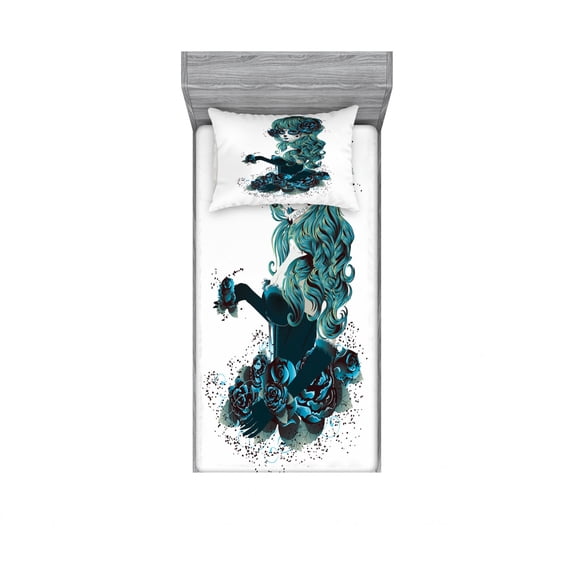 Skull Bedding Set with Sheet & Covers, Vintage Sugar Shape Girl Day of the Dead Bride Dark Color Roses Graphic, Printed Bedroom Decor 2 Shams, 4 Sizes, Petrol Blue White, by Ambesonne