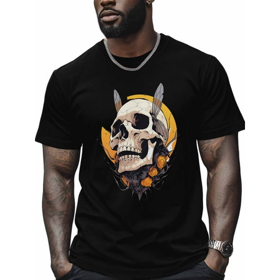 Skull Bee Men's T Shirts Funny Abstract T-Shirt for Men Crew Neck Tees Cotton Tops, Black, 2XL