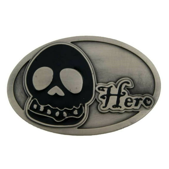 Skull Belt Buckle Hero Text Gothic Vintage Brushed Halloween Party Costume Accessory New
