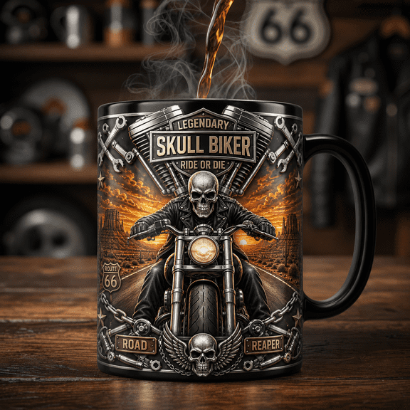 Skull Biker Magic Mug for Dads, Motorcycle Coffee Cup, Biker Skull Gift for Father