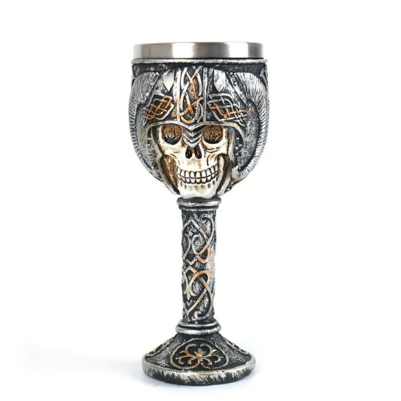 Skull With Bison Horned Helmet Wine Goblet 7oz With Celtic Knotwork Patterns Vintage Chalice Cup With Food Safe Stainless Steel Liner As Halloween Ossuary Macabre Skulls Accent