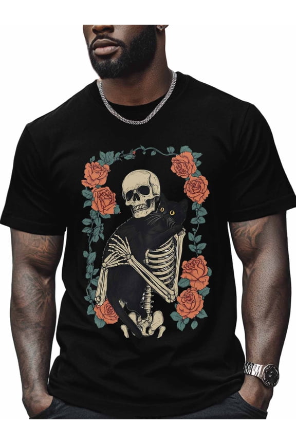 Skull Black Cat Men's T Shirts Vintage Abstract T-Shirt for Men Crew Neck Tees Cotton Tops, Black, XL
