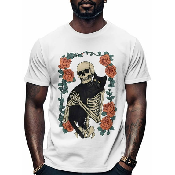 Skull Black Cat Men's T Shirts Vintage Abstract T-Shirt for Men Crew Neck Tees Cotton Tops, White, L
