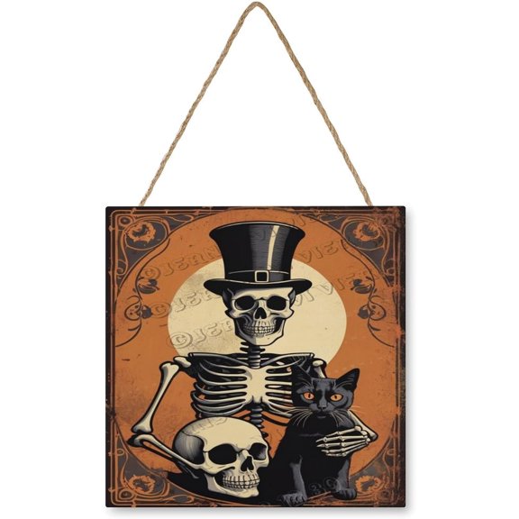 Skull with Black Cat Wooden Hanging Sign Skeleton Decor Horror Skeleton Wall Decor All Saints' Day Decor Halloween Decoration, Walls Hanging Decor Holiday Party Supplies 12"x12"