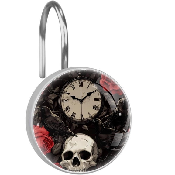 Skull Black Crow Red Roses Shower Curtain Hooks Round Crystal Glass, Set of 12 Shower Curtain Rings - Shower Hooks for Curtain Shower Rings