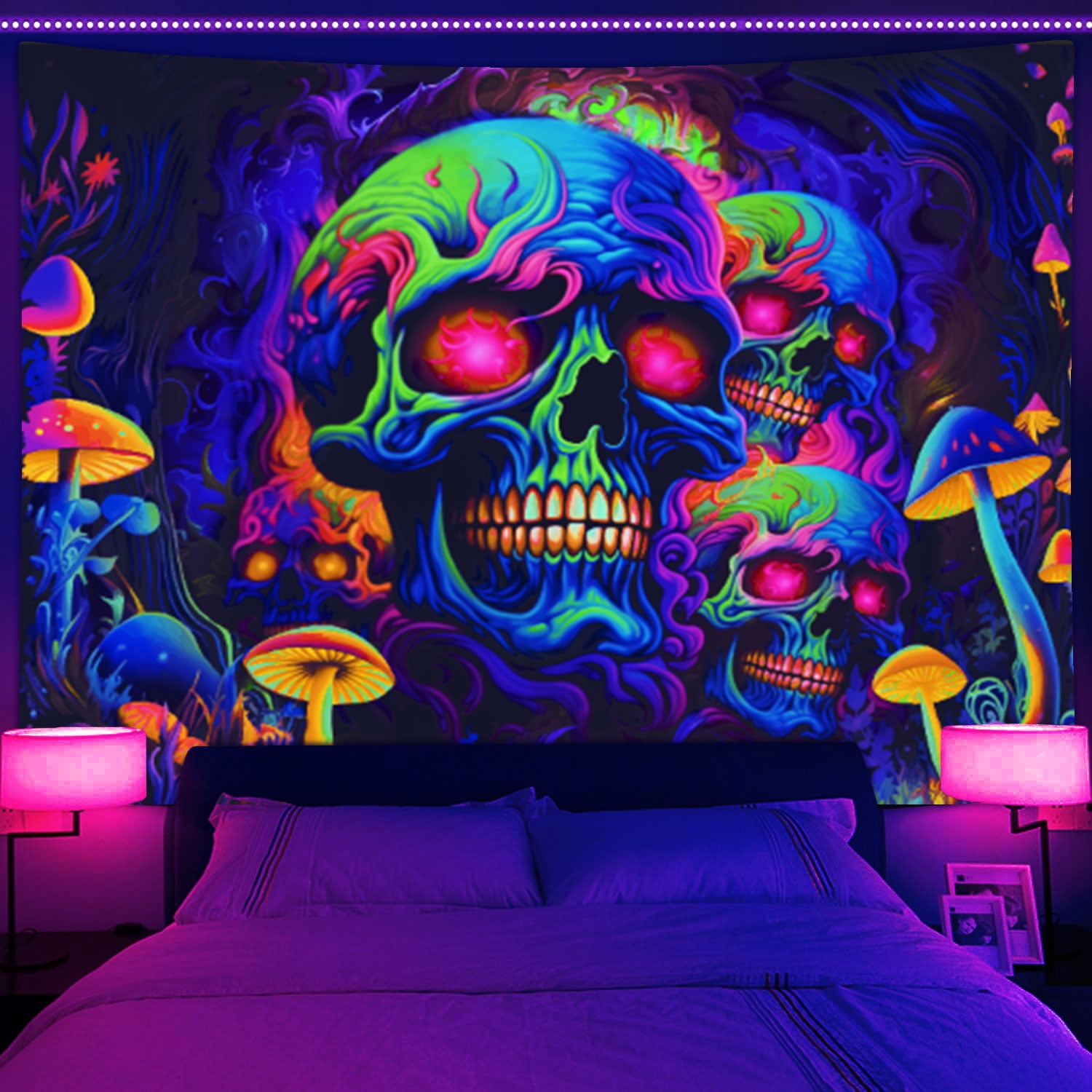 Skull Blacklight Tapestry, UV Reactive Trippy Skeleton Wall Tapestry ...
