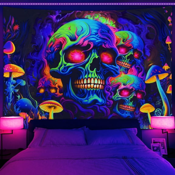 Skull Blacklight Tapestry, UV Reactive Trippy Skeleton Wall Tapestry for Bedroom Aesthetic, Glow in the Dark Mushroom Aesthetic Bedroom Living Room Dorm Decor 70X60IN