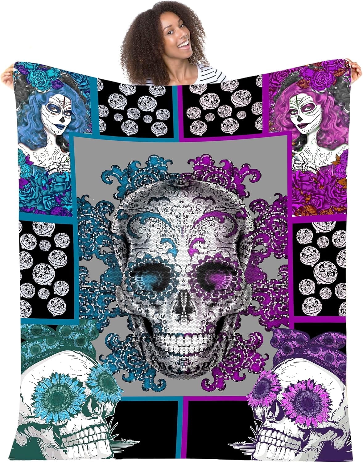 Skull Blanket for Men Women Purple Skull Bed Blanket Soft Cozy Throw Blanket 80"x60" Flannel Fleece Blankets and Throws Lightweight Warmth Blanket for Halloween Kids Couch Bed Home Decor