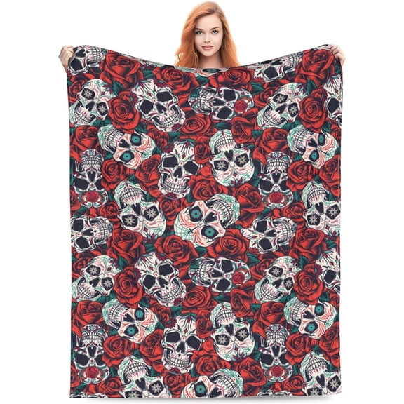 Skull Blanket Rose Mexican Sugar Skull Halloween Throw Blankets Decor Soft Cozy Air Conditioning Flannel Fleece Bed 50"X40" for Sofa Couch Camping Travel Bedding Gifts All Season Birthday Men/Women