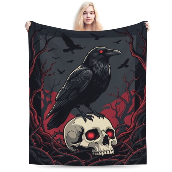 Skull Blanket, Skeleton Throw Blanket, Crow Gift for Men & Women, Super Soft Cozy Plush Fluffy Fuzzy Flannel Blanket, Halloween Home Decor 50x40