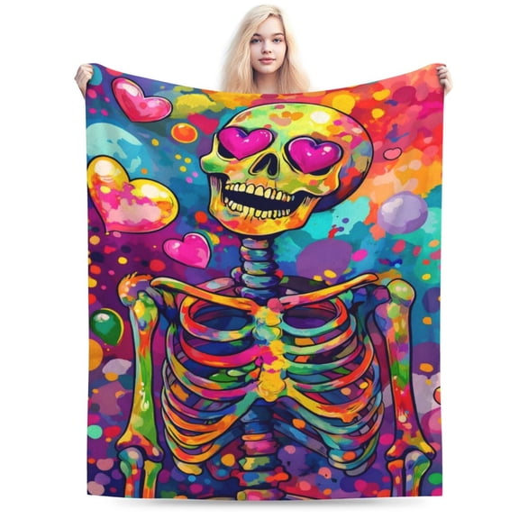 Skull Blanket Soft Fuzzy Fleece Love Skeleton Throw Blanket Decor Cozy Warm Colorful Skull Plush Flannel Blanket Gifts for Lover Kids Adults Home Chair Sofa Couch Bed 50x40