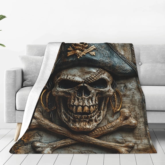 Skull Blanket, Vintage Pirate Flannel Throw, Soft Warm Marine Blanket for Bed Couch & Travel, 80x60