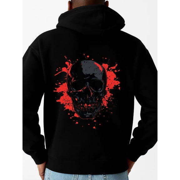 Skull Blood Splatter hoodies & sweatshirt fire skeleton men polyester black Casual Outdoor Jogging & Fitness Training Pullover, Regular Fit, Hooded Design, Comfortable Pullover autumn 3d fire