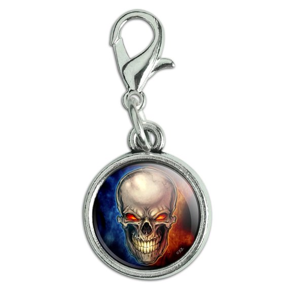 Skull Blue Red Flaming Glowing Eyes Antiqued Bracelet Pendant Zipper Pull Charm with Lobster Clasp