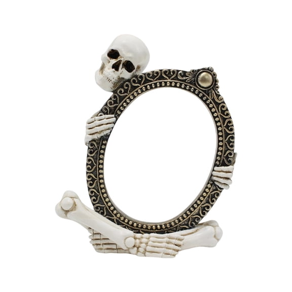 Skull Bone Picture Frame Resin Ornament, Halloween Skeleton Photo Holder Desk Decor, Gothic Tabletop Mantel Shelf Display for Dark Themed Party Home Accent, 5.23"x6.37"