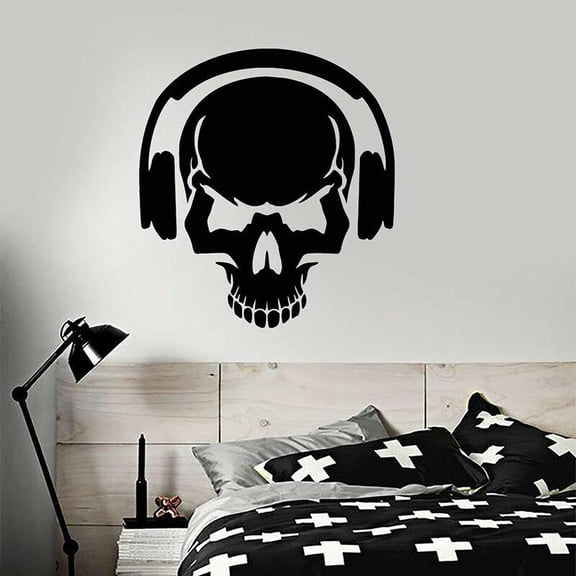 Skull Bone Wall Decal Music Lover Headphones Door Window Vinyl Stickers Teens Bedroom Man Cave Bar Interior Decor Wallpaper 42x46cm