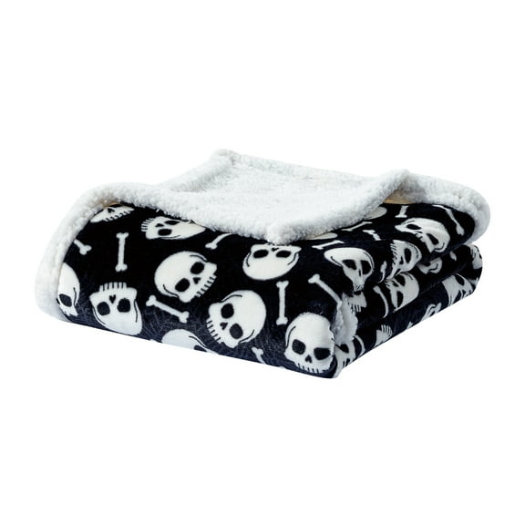 Skull & Bones Faux Shearling Micro Plush Throw Blanket 50" x 60" Black & White by Plazatex